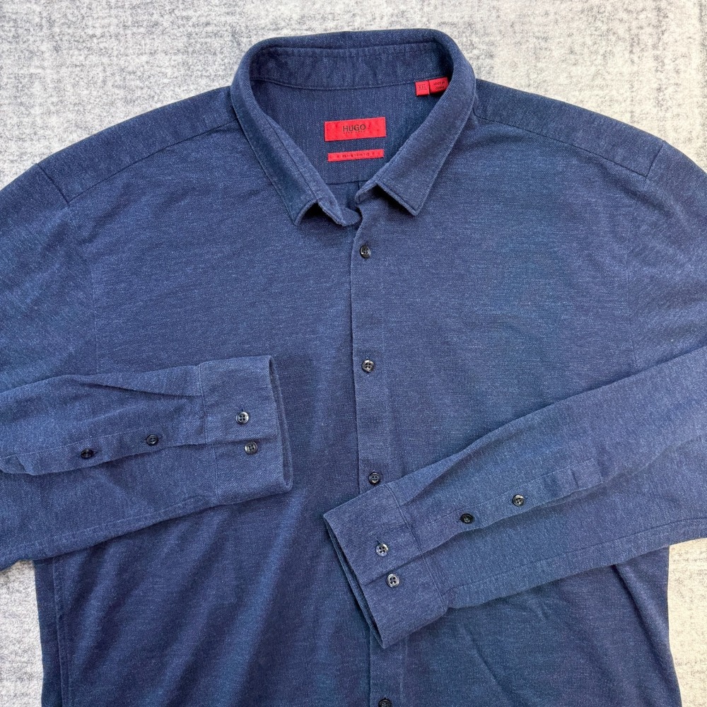 HUGO BOSS Shirt Men 2XL Blue Extra Slim Fit Pique Knit Quiet Luxury Smart Casual